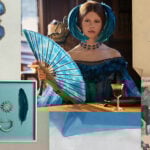 A collage with a photo of actress Mia Goth in a blue dress with a blue gem necklace, along with sketches of the necklace and other accessories