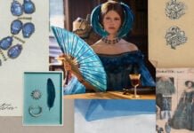 A collage with a photo of actress Mia Goth in a blue dress with a blue gem necklace, along with sketches of the necklace and other accessories