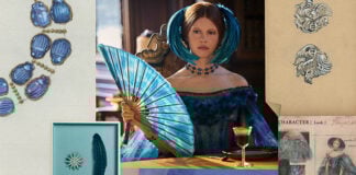 A collage with a photo of actress Mia Goth in a blue dress with a blue gem necklace, along with sketches of the necklace and other accessories