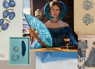 A collage with a photo of actress Mia Goth in a blue dress with a blue gem necklace, along with sketches of the necklace and other accessories
