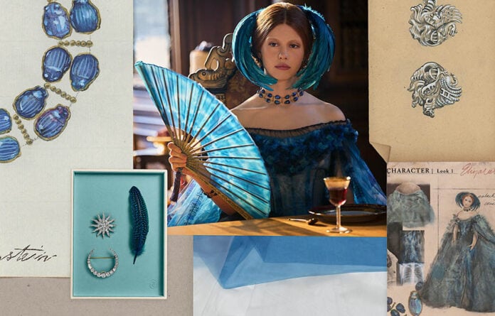 A collage with a photo of actress Mia Goth in a blue dress with a blue gem necklace, along with sketches of the necklace and other accessories