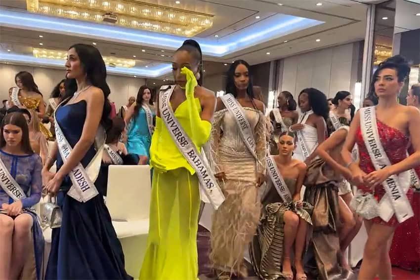 A screenshot shows Miss Universe pageant candidates walking out of a room