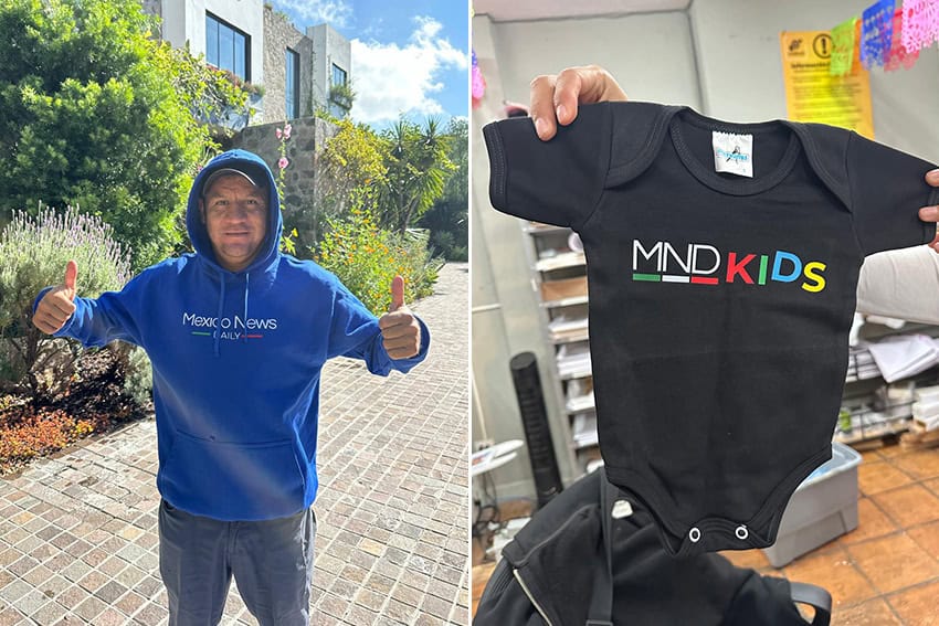 Two photos, one of a man in a blue Mexico News Daily hoodie and another of a MND Kids onsie