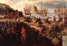 Painting of the Cortés led conquest of Mexico.