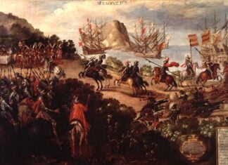 Painting of the Cortés led conquest of Mexico.