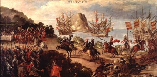 Painting of the Cortés led conquest of Mexico.