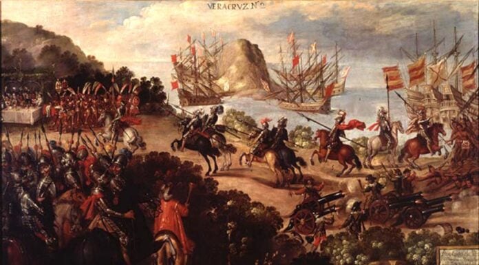 Painting of the Cortés led conquest of Mexico.