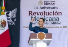 President Sheinbaum gestures during a speech on Revolution Day