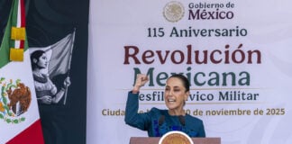 President Sheinbaum gestures during a speech on Revolution Day