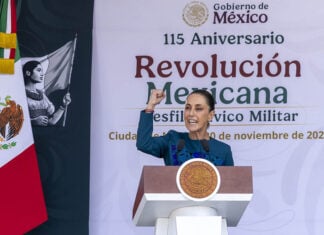 President Sheinbaum gestures during a speech on Revolution Day