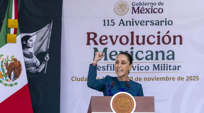 President Sheinbaum gestures during a speech on Revolution Day
