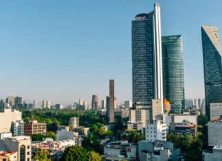 Torre Reforma and other skyscrapers along Paseo de la Reforma in CDMX