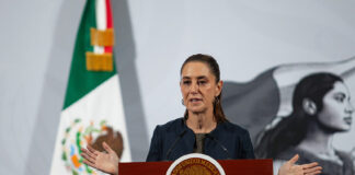President Sheinbaum at her morning press conference podium