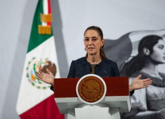 President Sheinbaum at her morning press conference podium