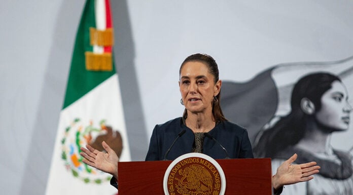 President Sheinbaum at her morning press conference podium