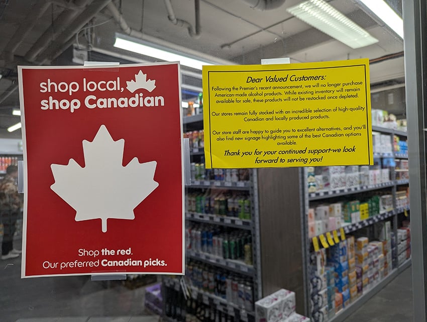 A shop sign urges Canadian to buy national rather than imported products