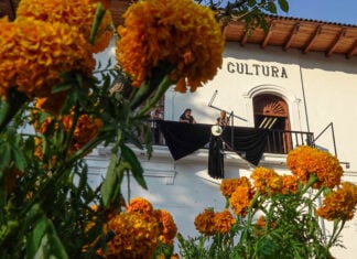 A government building adorned with a giant black bow and wide-brimmed hat, with marigolds in the foreground
