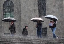four people walking in the rain with umbrellas