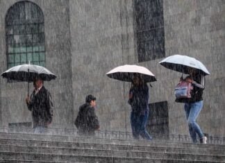 four people walking in the rain with umbrellas
