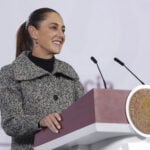 President Sheinbaum at the podium of her morning press conference