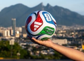 World Cup ball in front of Monterrey, Nuevo León