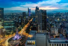 A view of Paseo de la Reforma in Mexico City at twilight