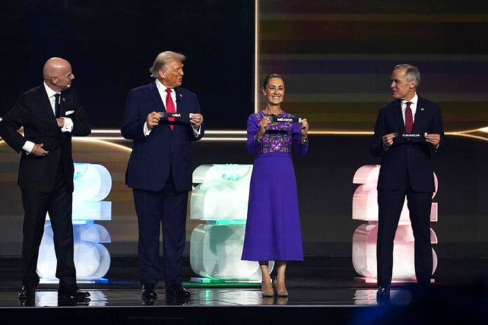 President Sheinbaum on stage next to Trump and Carney, holding a paper reading Mexico