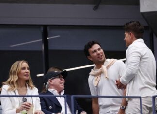 Cadillac driver Sergio Pérez with Tommy Hilfiger and wife Dee Hilfiger at the 2025 U.S. Open.
