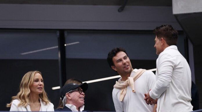 Cadillac driver Sergio Pérez with Tommy Hilfiger and wife Dee Hilfiger at the 2025 U.S. Open.