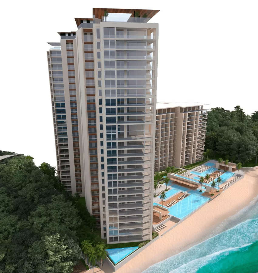 Render drawing of proposed residential towers on beachfront property in Puerto Vallarta.