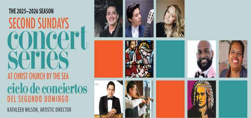 A promotional flyer for the 2025-2026 Season of the Second Sundays Concert Series at Christ Church by the Sea, featuring a grid of musician portraits and a stained glass window, highlighting cultural options for Puerto Vallarta December 2025 events.