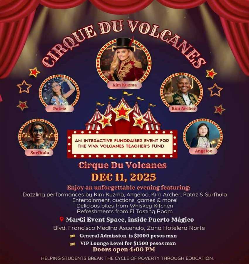 A promotional poster for "Cirque Du Volcanes," an interactive fundraiser on December 11 at MarGi Event Space in Puerto Vallarta. This is one of the notable charity-focused events in Puerto Vallarta happening in December 2025.