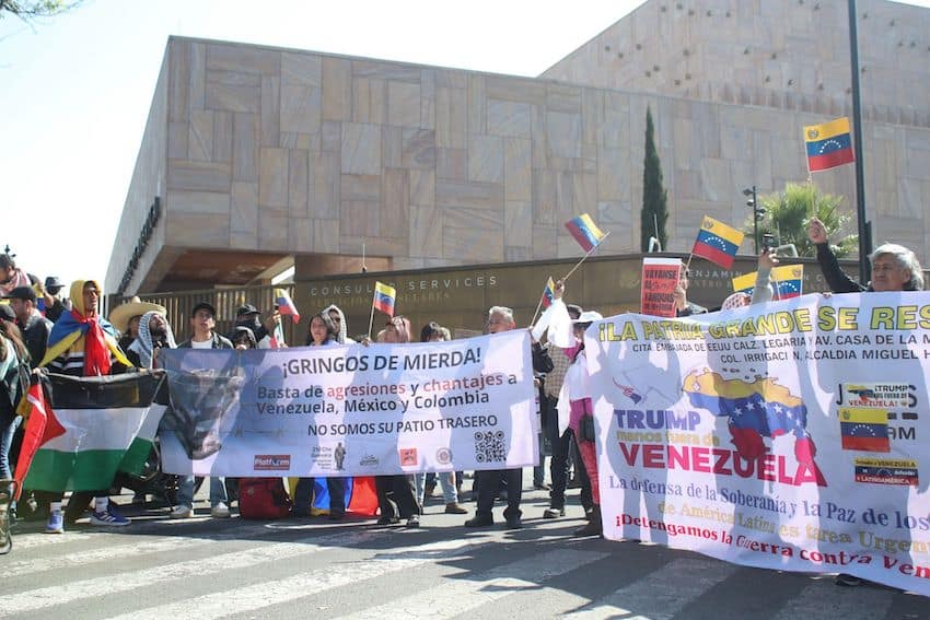 Hundreds gathered in front of the United States Embassy in Mexico City on Saturday morning to protest U.S. intervention in Latin America.