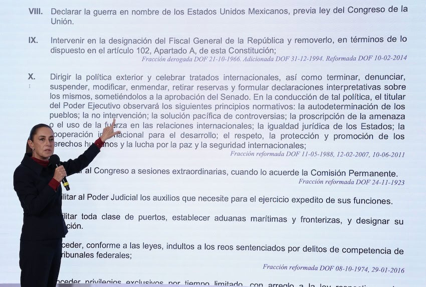 Sheinbaum with graphic of Constitution.