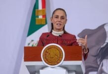 Sheinbaum at the podium on Jan. 12, 2026