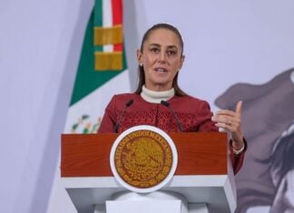 Sheinbaum at the podium on Jan. 12, 2026