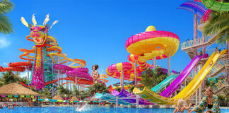 A rendering shows children and families playing at the planned Perfect Day Mahahual water park
