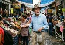an elderly American expat with a shabby hat (but otherwise perfect clothes), looking confused as he shops at a horrible market in Mexico