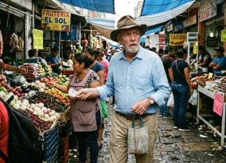 an elderly American expat with a shabby hat (but otherwise perfect clothes), looking confused as he shops at a horrible market in Mexico
