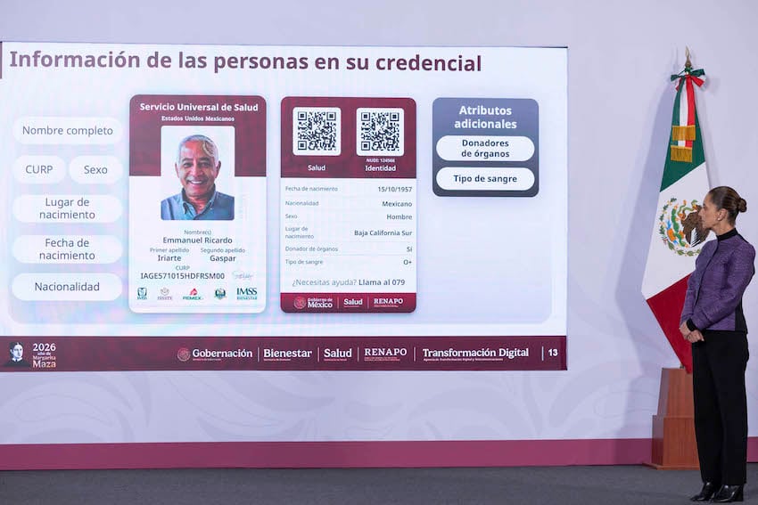 An example of the new health identification card to be rolled out in Mexico, presented on a screen at Sheinbaum's daily press conference