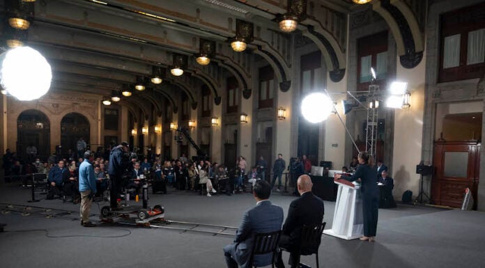 Sheinbaum looking out at her mañanera on Jan. 21, 2026