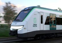 The Maya Train speeds through a forest