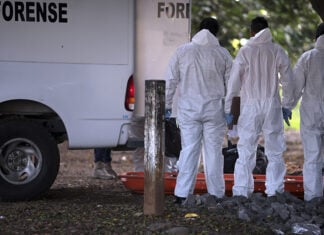 Forensic technicians in white cover-alls stand in front of a stretcher and a white van showing the word "Forense"