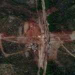Aerial view of construction on the "El Novillo" dam in Baja California Sur, Mexico