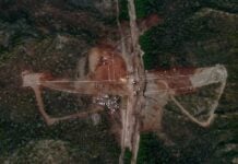 Aerial view of construction on the "El Novillo" dam in Baja California Sur, Mexico