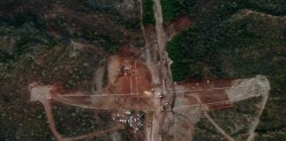Aerial view of construction on the "El Novillo" dam in Baja California Sur, Mexico