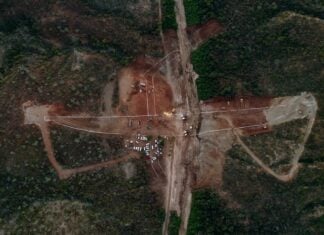 Aerial view of construction on the "El Novillo" dam in Baja California Sur, Mexico