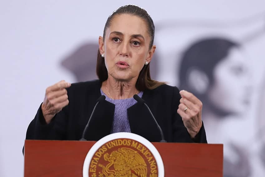President Sheinbaum gestures at a press conference