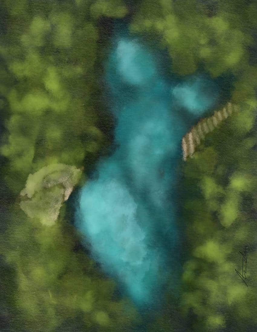 n impressionistic digital painting showing an aerial view of a turquoise cenote surrounded by lush green jungle foliage.