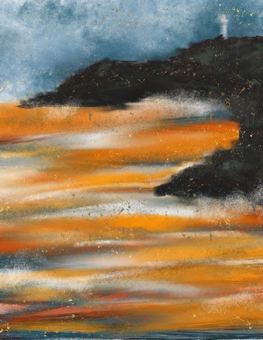 An poetic abstract impressionist painting of a rocky Mexican coastline at sunset, featuring a lighthouse atop a dark cliff overlooking orange waves.